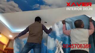 wallpaper pasting in Ceiling wallpaper designs  wallpaper ideas  customized wallpaper [upl. by Rollins]