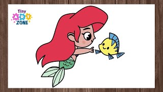 Mermaid Drawing  How to Draw Ariel Little Mermaid Easy for Kids amp Toddlers  Tiny Art Zone [upl. by Artimed]