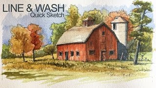 Line and Wash Lesson  Watercolor and Pen and Ink Landscape Sketch [upl. by Enortna]