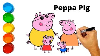 Peppa pig family drawing step by step  Coloring Peppa pig  colouring pages [upl. by Holna]