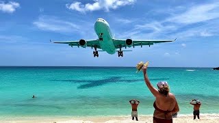 Very low pass  Maho Beach Sint Maarten SXM 🇸🇽 Plane Spotting  Princess Juliana Airport close up [upl. by Suki262]