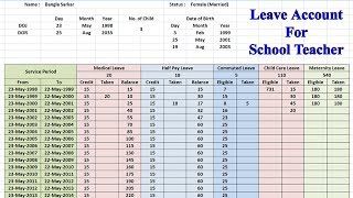 SERVICE BOOK School Teachers LEAVE Calculation Excel Sheet [upl. by Haim]