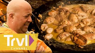 Fresh Bull Testicles amp Scrotum Soup  Bizarre Foods with Andrew Zimmern  Travel Channel [upl. by Elamaj]