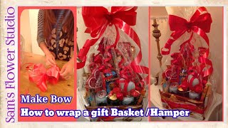 How to Wrap a gift Basket Hamper With Cellophane Make simple Ribbon Bow  Easy Tutorial [upl. by Ahsiemac788]