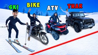 THAR vs ATV vs BIKE vs SKI Race in snow 🥶 Who will win  20°C [upl. by Ynatsyd]