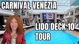 Carnival Venezia TOUR Lido Deck 10  Pools Buffet Restaurants [upl. by Nazar]