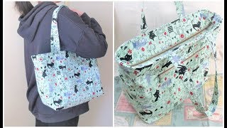 ファスナー付きトートバッグ 作り方 マチ付き口布ファスナーバッグ ねこ柄 A zippered lined tote bag [upl. by Silrak655]