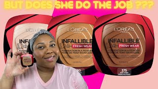 LOreal Paris Infallible Fresh Wear 24HR Powder Foundation Review  TryOn  Hazelnut amp Golden Sun [upl. by Eirovi]