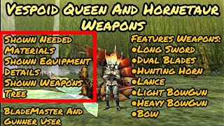 MHFU Vespoid Queen amp Hornetaur Weapons They both share some materials Shown GRank Weapons [upl. by Gord]