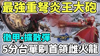 【Anny魔獵攻略】最強重弩炎王大砲  徹甲擴散彈爆炸輸出  5分台首領雌火龍完整解說  隨從選擇  貓飯糰子  道具袋amp捷徑設定  新手攻略【魔物獵人崛起】 [upl. by Dleifrag]