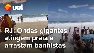 Ressaca no Rio Vídeos mostram momento em que ondas gigantes invadem praia e arrastam banhistas [upl. by Netsirt]