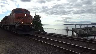 Northbound BNSF Oil Train passes through the Steilacoom Ferry Terminal Railroad Crossing [upl. by Pembrook547]