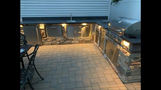 Amazing DIY Outdoor Kitchen Part 2 Veneer stone BBQ Guys lights leathered granite countertop [upl. by Medardas]