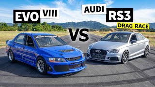 AWD Power Battle Audi RS3 drag races Mitsubishi Evo VIII [upl. by Alderman666]