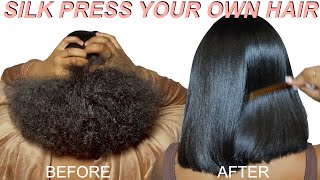 DIY SILK PRESS ON NATURAL HAIR  CURLY TO STRAIGHT WITH NO HEAT DAMAGE [upl. by Adnohsirk73]