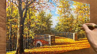 How to draw a bridge  Autumn landscape  Acrylic landscape painting  Art painting  A Lu Art [upl. by Adnawaj]