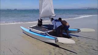 Hobie 14 Catamaran First Timers Sailing One man over board [upl. by Einahteb79]