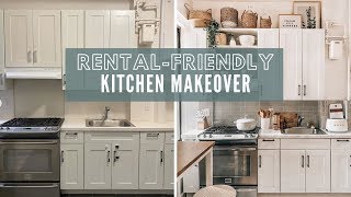 RENTALFRIENDLY KITCHEN APARTMENT MAKEOVER  DIY Faux Marble Countertop  Peel and Stick Tile [upl. by Ytram242]