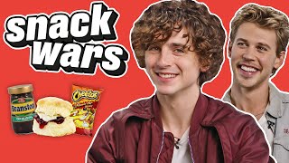 Timothée Chalamet and Austin Butler Rate British Food  Snack Wars [upl. by Ilatfan]