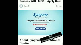 💥 Syngene Walk In Interview 2022  Chemical Development for Process RampD  MSC – Apply Now shorts [upl. by Toomin]