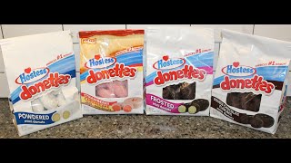 Hostess Donettes Mini Donuts Powdered Strawberry Cheesecake Frosted amp Double Chocolate Review [upl. by Mosenthal857]