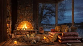 Cozy Room Lakeside with Relaxing Jazz 🌧️ Heavy Rain Fireplace Sounds White Noise ASMR Sleep 4K [upl. by Horodko]