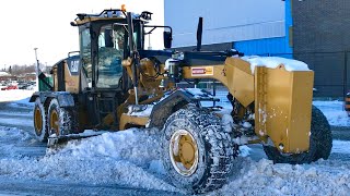 Snow Removal Operation CAT 160M Grader Plowing Snow [upl. by Haila]