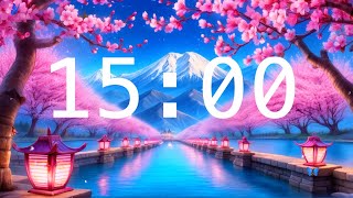 15 Minute Countdown Timer with Alarm  Cherry Blossoms and a River with Lanterns  Relaxing Music [upl. by Socin]