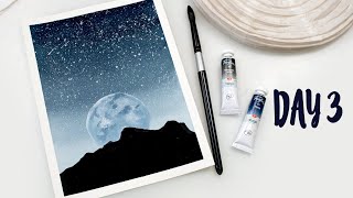 Watercolor FULL MOON and starry night over mountains  step by step painting tutorial for beginners [upl. by Trevorr674]