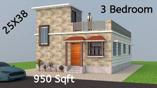 25X38 House Design 3d ll 950 sqft House Plan ll 25X38 Sqft With 3Bhk [upl. by Lewis]