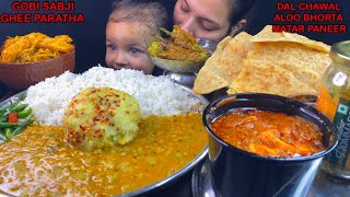 Eating Spicy🔥 Ghiya Daal Ajwain Rice Matar Paneer Ghee Paratha Cabbage Fry  Indian Food ASMR [upl. by Reba]