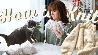 Knit a Cozy Sweater in One Piece  Beginner Friendly Knitting in the Round DIY Tutorial Part 1 [upl. by Goldia859]