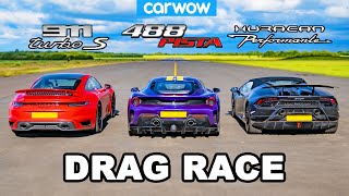 Porsche 911 Turbo S vs Ferrari 488 Pista vs Lamborghini Huracán Performante  DRAG RACE [upl. by Marcelline]