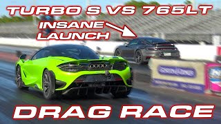 McLaren 765LT vs 2021 Porsche 992 Turbo S Coupe 14 Mile DRAG RACE SHOWDOWN [upl. by Assyl]