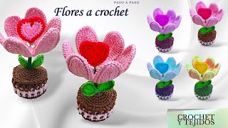 CORAZON flor tejida con corazón en el medio  flower tejida a crochet paso a paso para principiantes [upl. by Scarrow216]