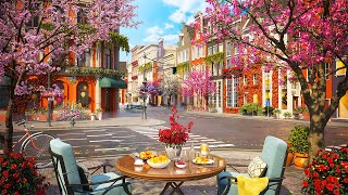 Springtime Street amp Calm Spring Jazz Music at Outdoor Cafe Shop Space for Relax Good Mood  4K [upl. by Ahsinek]