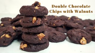 Double Chocolate Chip Cookies with Walnuts  For Dark Chocolate Chip Lovers  Eggless Cookies [upl. by Ruella632]