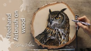 Airbrush on wood  Freehand Owl Painting [upl. by Rhoads]