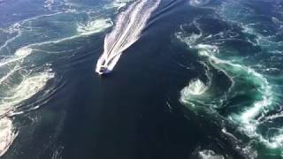 Boat cruising through Saltstraumen maelstrom near Bodø Norway [upl. by Rizan]