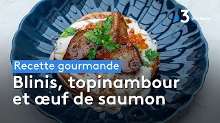 Recette gourmande  Blinis topinambour et oeuf de saumon [upl. by Aicelaf]