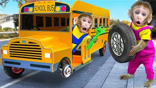 KiKi Monkey pretends to be a fake Car Mechanic fix School Bus Wheel on the road  KUDO ANIMAL KIKI [upl. by Eiramave]