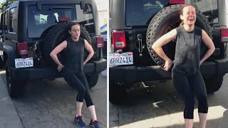 ‘Captain Marvel’ Star Brie Larson Pushes 5000Pound Jeep [upl. by Delphina]