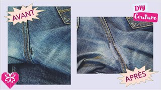 Comment réparer un jean troué 🧵  tuto couture avec machine à coudre [upl. by Yntruoc]