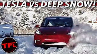 Can Deep Snow STOP a Tesla We Find Out [upl. by Nirrak404]