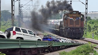 CARS on Train  DBKM Car Transporter Train with Brand New Automobiles  KYN WDG3A Single ALCo  I R [upl. by Fisa]