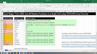 Excel Magic Trick 1460 List All Relative Positions in a Single Cell using TEXTJOIN Array Formula [upl. by Hillel]