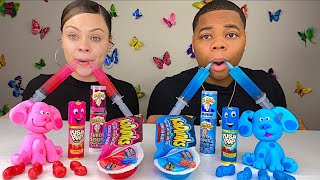 ASMR PINK FOOD VS BLUE FOOD JELLO SHOOTER PUSH POP SOUR CANDY SPRAY MUKBANG [upl. by Loggia]