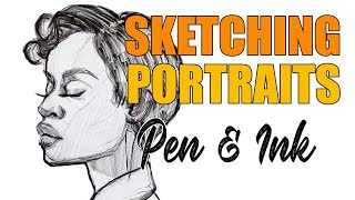 TIMELAPSE Sketching Portraits with Pen and Ink No erasing  002 [upl. by Elbon]