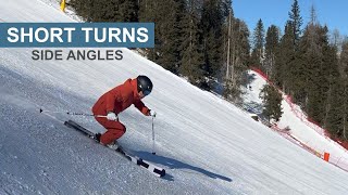 Dynamic short turn skiing from side on Dolomiti Superski [upl. by Yelyr540]