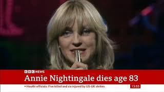 quotAnnie Nightingale has diedquot  BBC News Report  12124 [upl. by Donalt415]